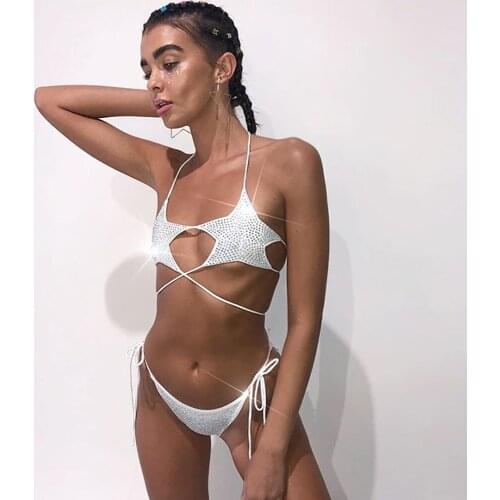 Hot Swimming Suit for Women String Bikini Sexy Swimsuit Women Push Up Bathing Brazilian Diamond Bikini Strappy Star Strap Silver