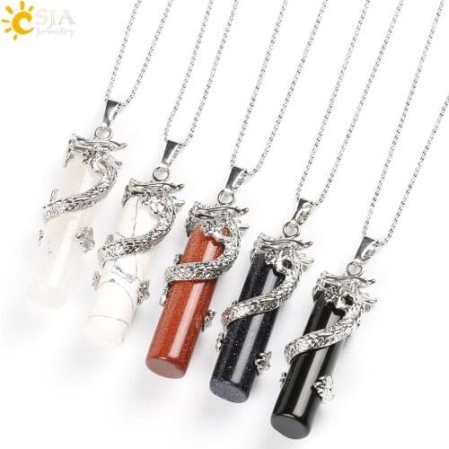 CSJA Dragon Drop Pendant Natural Gem Stone Necklace Chain Lobster Clasp Jewellery Reiki Men Women Jewelry Pendulum Amulet E182