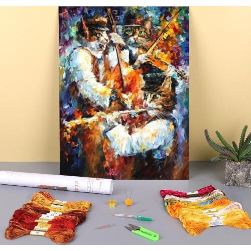 Jamming Cats Printed Fabric 11CT Cross-Stitch DIY Embroidery Full Kit DMC Threads Sewing Hobby Painting Handiwork Package