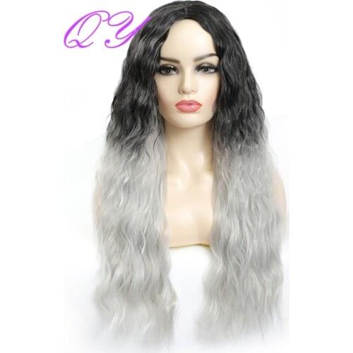 QY Cosplay Wig Long Natural Wave Black Ombre Grey Color Middle Part Wigs For Women Synthetic Hair