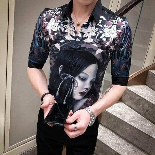 Luxury Social Shirt Men Casual Slim Fit Half Sleeve Beauty print Casual Brand Shirts Men Shirt Camisa Masculina Party Shirt