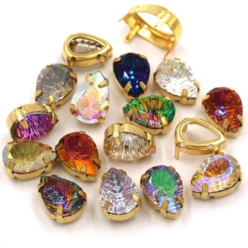 10pcs/bag Clothing Decoration K9 Glass Crystal Strass Teardrop Shape Gold Base Claw Rhinestones for DIY Apparel Sewing & Fabric