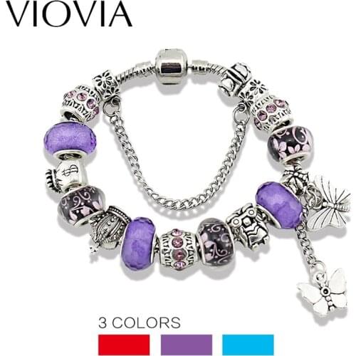 VIOVIA 2019 New Fashion Jewelry Purple Glass Beads Charm Bracelets & Bangles Butterfly Pendant Bracelet for Women Gift B15171