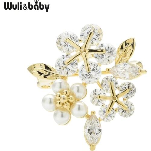 Wuli&baby Small Crystal Flower Brooches For Women Pearl Flower Coat Suits Shirts Collar Pins Gifts