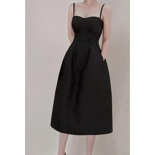 ZAWFL Women Summer Spaghetti Strap Vintage Dress Plus Size Elegant Sleeveless Solid Color Hepburn Sling Party Dress Vestidos