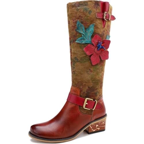 Embossed Women Boots Rose Colorblock Flower Genuine Leather Splicing Low Heel Ankle Boots Elegant Ladies Shoes Women Shoes