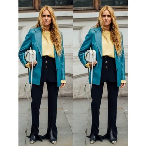 Streetwear Blue Leather Women Suits Fashion Elegant Custom Made Blazer Office Lady Casual Business Jacket 2 Pieces Set