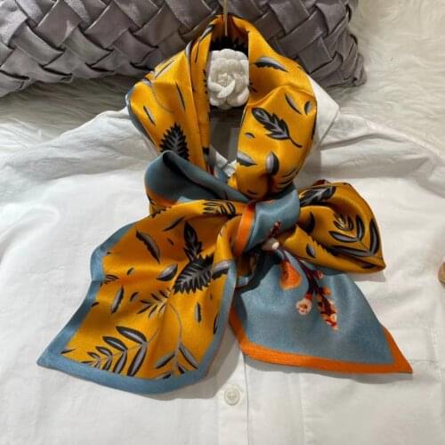 BYSIFA| Yellow Blue Silk Scarf Hairband Chinese Style Flower Design Pure Silk Long Silk Ribbons Scarves Printed Fashion Scarves