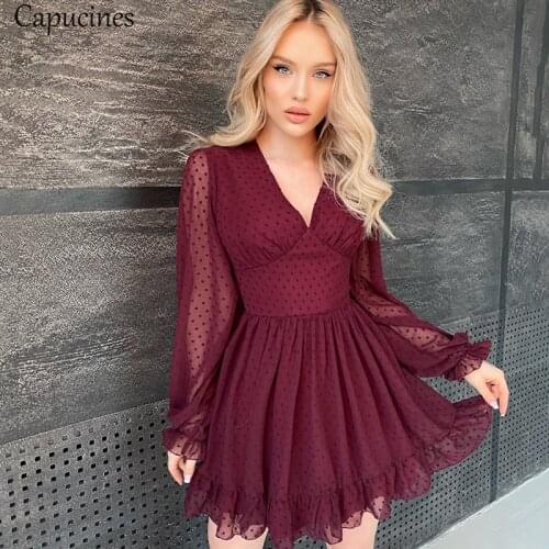 Capucines New 2021 Summer Ruffles Trim Deep V Neck Chiffon Dress Women Lantern Sleeve A Line Boho Swiss Dot Mini Dresses Robe