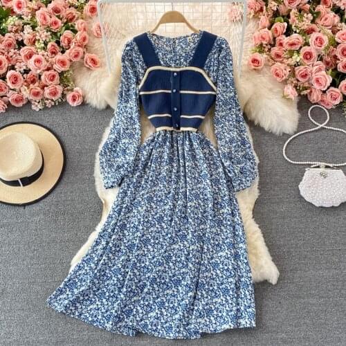 2021 Women Dress Chiffon Full Lantern Sleeve Printed Flowers Dress with Knitted Vest Ladies Casual O-neck Floral Swing Dresses