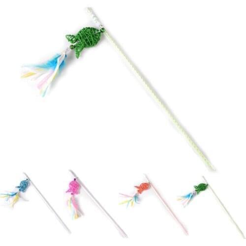 1PC Cat Interactive Toy Kitten Teaser Stick Fake Feather Pet Training Toy Fish Shape Handmake Cat Bell Wand Pet Supplies