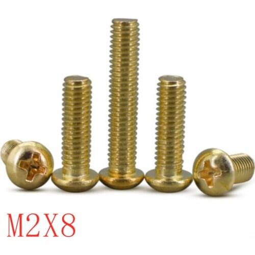 1000pcs/lot m2x8 m2*8 Brass phillips round pan Head machine Screws