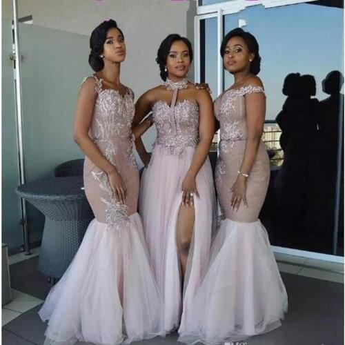 African Mermaid Bridesmaid Dresses Long Mixed Style Appliques Off Shoulder Wedding Guest Wear Split Side Maid Of Honor Gowns