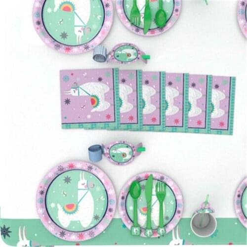 Alpaca Theme Pattern Disposable Tableware Paper Cup Dinner Plate Tablecloth Straw Children Birthday Party Supplies KK60