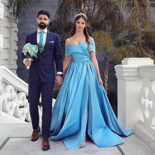 Satin Princess Wedding Dresses 2020 Off The Shoulder High Split Wedding Bride Gowns Vestido De Noiva