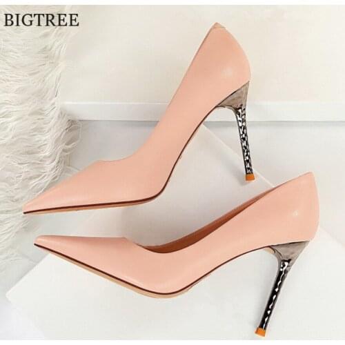 BIGTREE Shoes Women Metal Thin Heel Classic Female Pumps Pointed Toe Ladies Soft Leather Shallow Concise Woman Office Shoes Pink