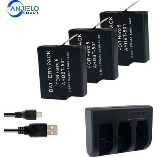 Anjielosmart Fast Battery Charger and 3 1250mah Battery for GoPro Hero5 Hero6 Hero7 Hero 8 AHDBT-501 Camera Batteries