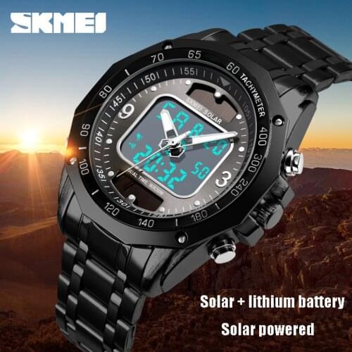 Mens Watch Moments Fashion Solar Multifunctional Steel Band Mens Watch Business Electronic Dual Movement Clock Male WristWatch
