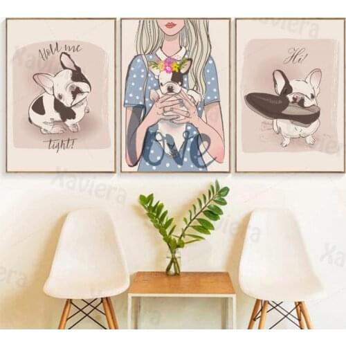 Bulldog Pet Dog Girl Decor Poster Canvas Painting Comics Poster Animal Wall Picture Baby Kids Room Nursery Home Decoration Mural
