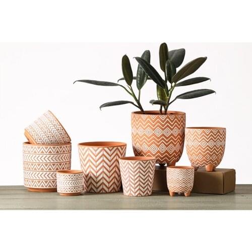 Red Pottery Geometric Flowerpot Machine Carved Round Breathable Clay Bisque Ceramic Pot Nordic Succulent Green Plant Potted