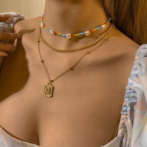 KISSWIFE Bohemia Multilayered Vintage Necklaces For Women Portrait Pendant Popular Beads Daisy Chain Necklace 2021 Trend Jewelry