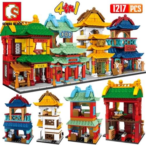 SEMBO City Street View Teahouse Shop Architecture Building Blocks Creator Chinese Style Antique House Bricks Toys For Children