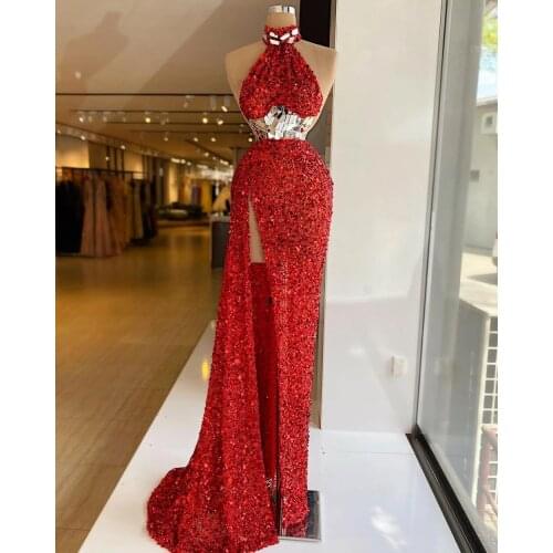 Red Mermaid Long Evening Dresses 2021 Designed Crystals Sleeveless High Slit Sparkly Sequin Backless Party Dress Formal Gowns