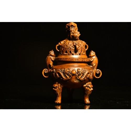 5"China Lucky Old Boxwood Hand-carved Toad Two dragon play beads incense burner Three-legged incense Office Ornaments Town House