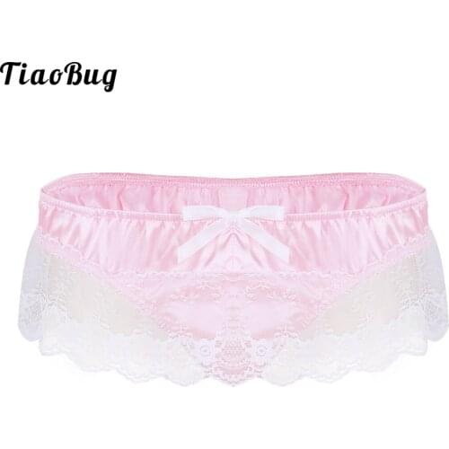 TiaoBug Mens Sissy Shiny Soft Satin Lingerie Ruffled Floral Lace High Cut Low Rise Bikini G-String Thong Underwear Panties