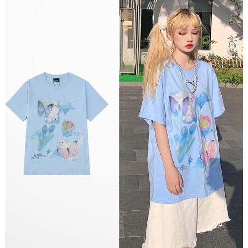 New Hip Hop Style Funny Cat Butterfly Print T Shirt High Street Pink Cotton T-shirts Men Retro Korea Style Lovers Tee Shirts