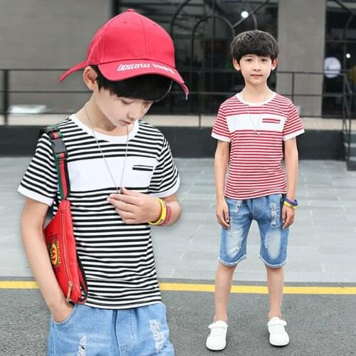 2018 new big boy short sleeved T-shirt striped Summer Shirts Kids boys tops tees Clothes 4-14T