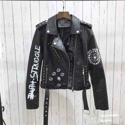 2021 Autumn Winter Jacket Leather Jacket Female Pu Rivet Zipper Epaulettes 3d Printing Motorcycle Streetwear Jacket With Belt