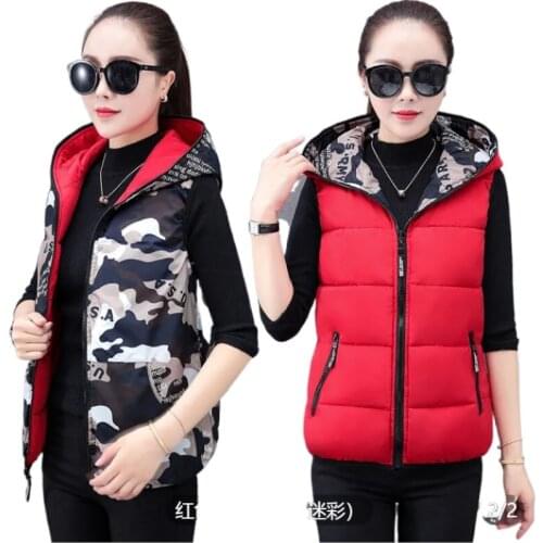 Autumn Winter Womens New Hooded Waistcoat Short Slim-Fit Ladies Camouflage Reversible Jacket