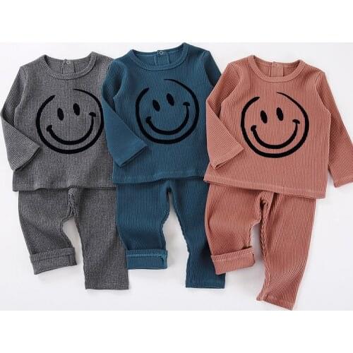 Children Pajamas Set Boy Girl Top and Pants Two Pieces Set Ribbed Cotton Winter Clothing Toddler Sleepwear Kid Cholthes1-8Y