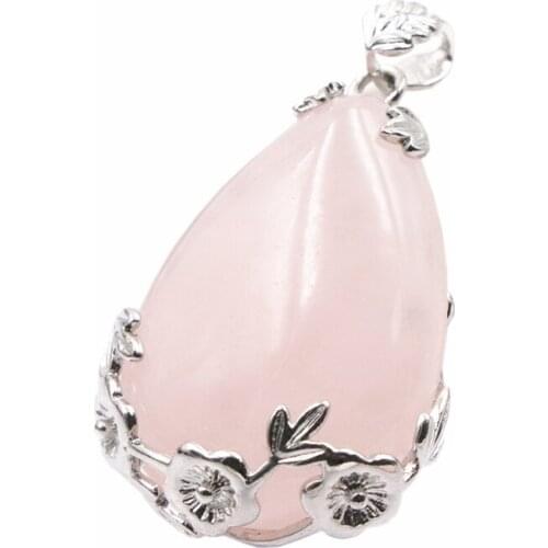 Natural Stone Water Drop Pink Crystal Pendant Rose Pink Quartzs Teardrop Inlaid Alloy Flower Pendants DIY Accessories Craft A701