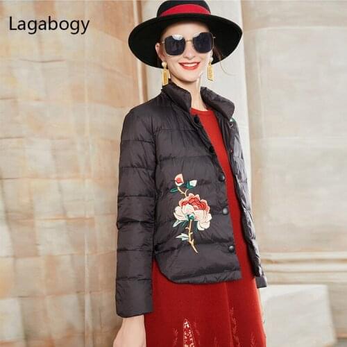 Lagabogy 2021 Autumn Winter Women Ultra Light White Duck Down Coat Female Loose Floral Embroidery Parkas Single Breasted Jacket