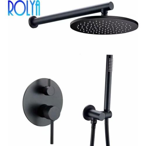 Rolya Round Alba Black Bathroom Shower Set Mixer Faucet with Hand Shower Set Premium Solid Brass Blanoir
