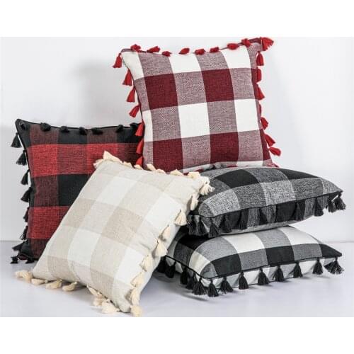 Topfinel Buffalo Check Pillow Case Cotton and Linens Cushion Covers With Four Side Tassels Plaid Decorative Throw Pillow Cases