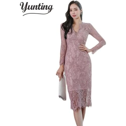 Spring Sexy Lace Pencil Dress Womens Hollow Out Sheath Dresses Korean Chic Party Bodycon Vestidos