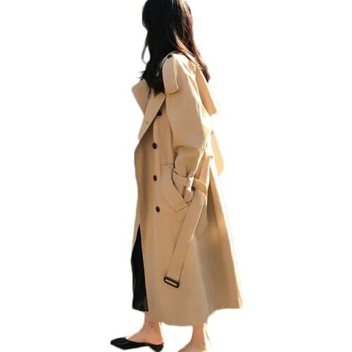 Spring and Autumn Women Mid-long Windbreaker Loose Double-breasted Long Sleeve Trench Coat Student Large Size Long Coats NS2170