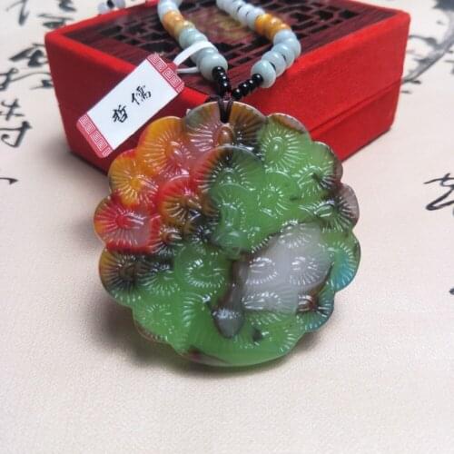 Zheru Jewelry Pure Natural Colorful Jade Carving Peacock Pendant Tricolor Jade Bead Necklace Send National Certificate