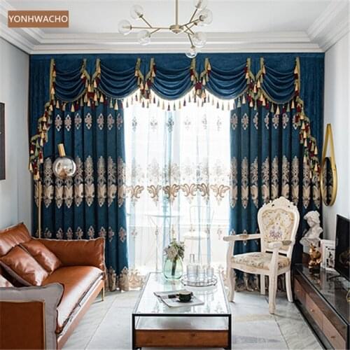 Custom curtain European living room bedroom chenille embroidered coffee thick cloth blackout curtain valance tulle panel C605