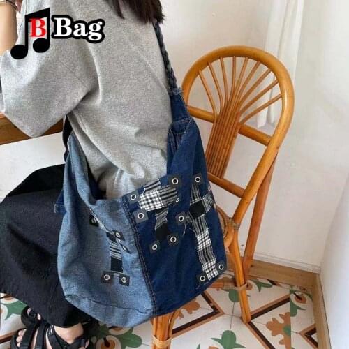 Gothic Harajuku Womens Girl Y2K Cross denim Splicing single Shoulder Bag Messenger Bag Female zipper high capacity handbag