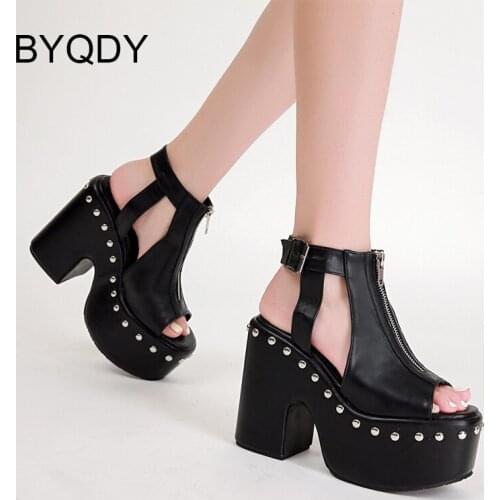 BYQDY Hot INS 2021 Summer Platform High-Heeled Sandals Women Buckle Strap Punk Cool Gothic Womens Shoes Cutout Thick Heel Rivet
