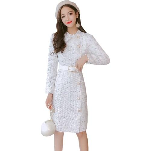Autumn Winter New Arrival Women Fashion Runway Elegant Tweed Dress Female Chic Bow Collar Long Sleeve Office Dresses Vestidos