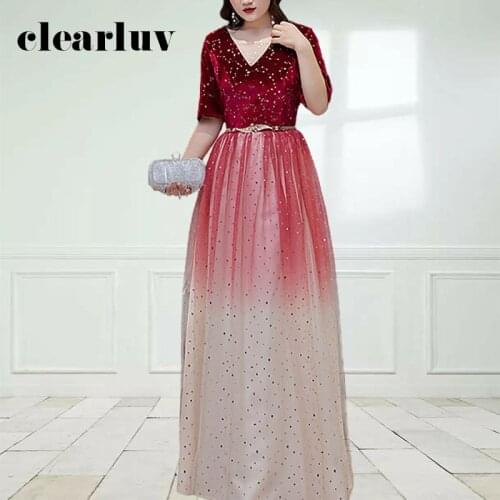 Over 100KG Plus Size Evening Dress DR1007 Fashion Gradient Burgundy Robe De Soiree Sexy V-neck Half Sleeve Shiny Evening Gowns