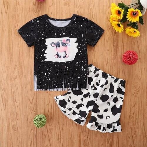 2022 Summer Toddler Girls Fashion Casual Outfits Kids Baby Short Sleeve Cartoon Cow Print T-Shirts+Ruffle Shorts Set for 1-6T