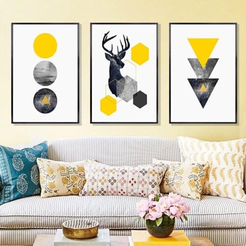 Abstract Grey Yellow Geometric Triangles Nordic Deer Poster Canvas Printings Wall Art Printing Pictures Living Room Home Decor