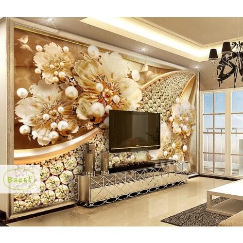 Bacal Custom Photo Wallpaper 3D Embossed Gold Jewelry Flower Mural European Style Luxury Decor Living Room TV Wall Painting