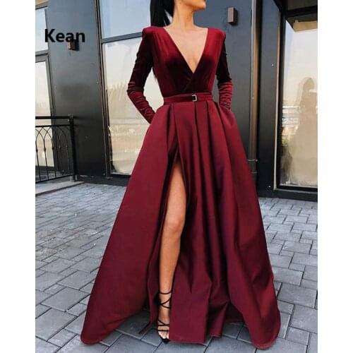 Burgundy Velour Muslim Evening Dress Full Sleeve Slit vestido de festa Islamic Dubai Kaftan Saudi Arabic Evening Gown Prom Dress